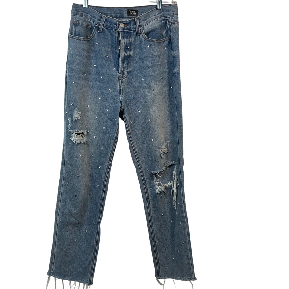 Simple Society Light Wash Rhinestone Distressed Straight Leg Jeans Size 9/29
